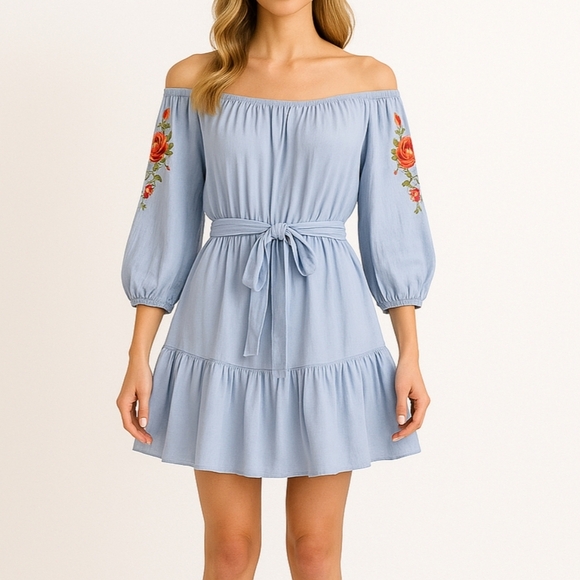 💙 Feathers Dress With Emroidery - 100% Rayon - Picture 1 of 9